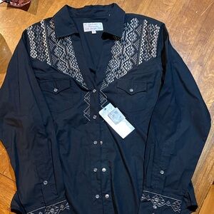 Womens Black Embroidered Button-Down Shirt